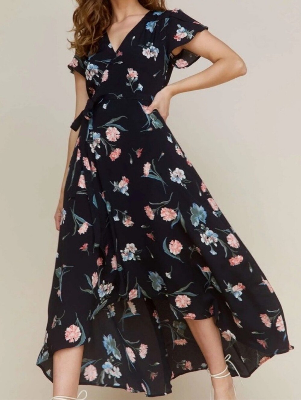 Christy Dawn's The Autumn Dress |  High-Low Black Floral Wrap Dress, Size Medium